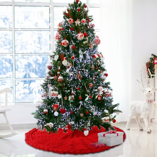 YUJUN 48 Inches Christmas Knitted Tree Skirt Decorations Xmas Large Red Chunky Cable Farmhouse Thick Rustic Tree Skirt for Merry Christmas Tree Holiday Home Party Decoration