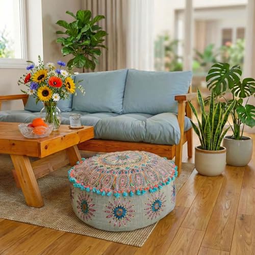 Mandala Life ART Moroccan Large Floor Pillow Cover with Tassels and Ponpon Bedroom Décor Round Pouf Ottoman Boho Chic Seating Area Beanbag