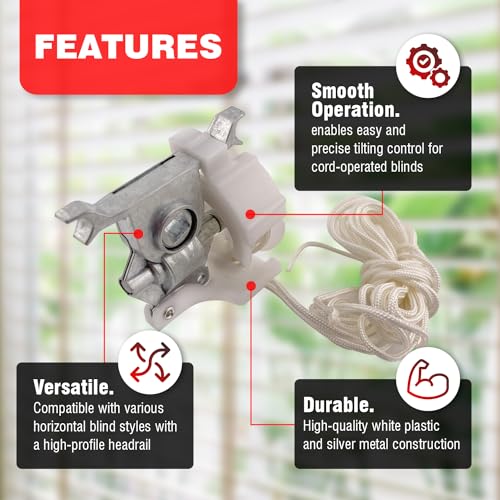 Amazing Drapery Hardware Pre-Corded High Profile Cord Tilt Control - Square Rod, White, for 2" Horizontal Blinds - 1 Pack