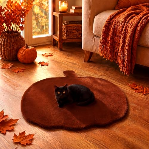Orange Pumpkin Shaped Bedroom Rug, Faux Rabbit Fur Fluffy Area Rug, Soft Non Slip Floor Mat for Living Room Fall Halloween Thanksgiving Decor, 33 x 35 Inches