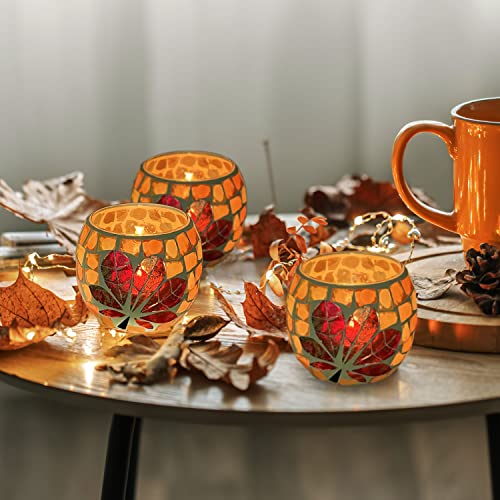 SHMILMH Fall Votive Candle Holder Set of 4, Mosaic Glass tealight Holders with Maple Leave for Halloween Thanksgiving Party Decorations
