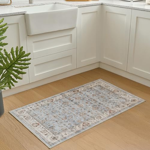 Runner Rug 2x4 Vintage Floral Small Rugs Door Mat, Gray/Light Blue