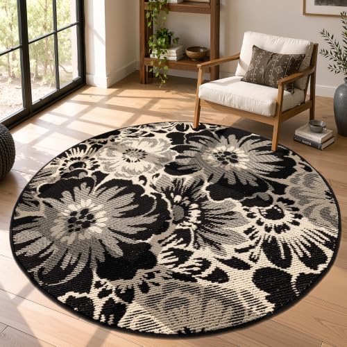 Findosom Washable Round Rug 4ft, High-Low Textured Floral Circle Area Rug