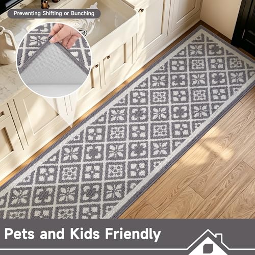 Hallway Runner Rug 2x10 ft,Washable Indoor Grey Entryway Carpet with Non Slip Rubber Backing,Low Pile Heavy Duty Kitchen Floor Mat for Entrance & High Traffic Areas