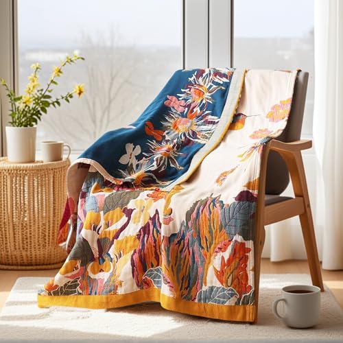 VANJOROY Boho Throw Blanket, 100% Organic Cotton Ultra Soft 50" x 60" Throw for Couch and Bed - Skin-Friendly Embroidery Cozy All Season Rustic Floral Decor Chair Blanket -Beige
