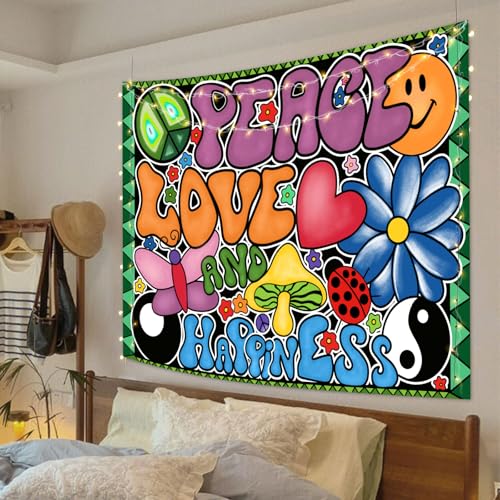 F-FUN SOUL Peace Love and Happiness Tapestry, 60x40inches Soft Flannel, 70s Theme Party Tapestries Hippie Aesthetic Tapestry Wall Hanging for Bedroom Living Room Decor GTZYFS915
