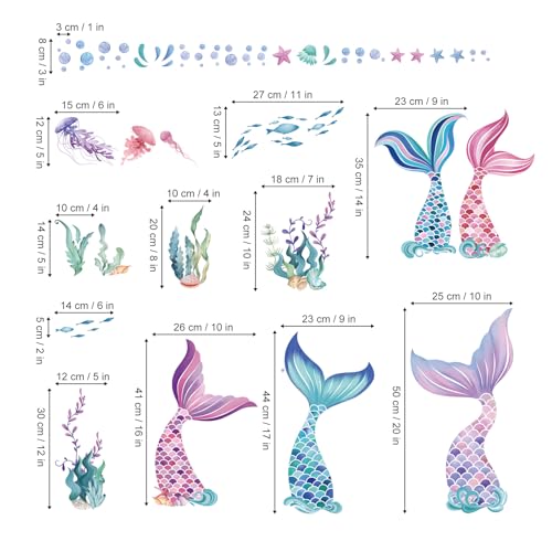 wondever Mermaid Tail Wall Stickers Under The Sea Mermaid Bubble Seaweed Peel and Stick Wall Art Decals for Baby Nursery Girls Bedroom Bathroom