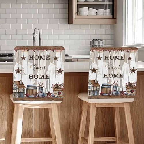 Sweet Home Country Star Dining Chair Cover Set of 4,Removable Chair Back Covers Retro Farm Gray Brown Wood Grain Washable Kitchen Chairs Slipcover for Home Dining Room Office Hotel
