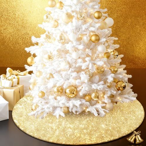 yuboo Gold Christmas Tree Skirt, 48 Inch Sequin Xmas Tree Mat - Glitter Tree Collar Double Layers for Gold Christmas Decorations&Ornaments