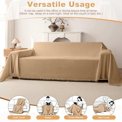 Chenille Couch Cover for Sofa,Soft Tassel Slipcover for Couch,Blanket Couch Covers for 2 Cushion Couch,Sofa Slipcovers Washable Pet-Friendly Furniture Protector (Camel)
