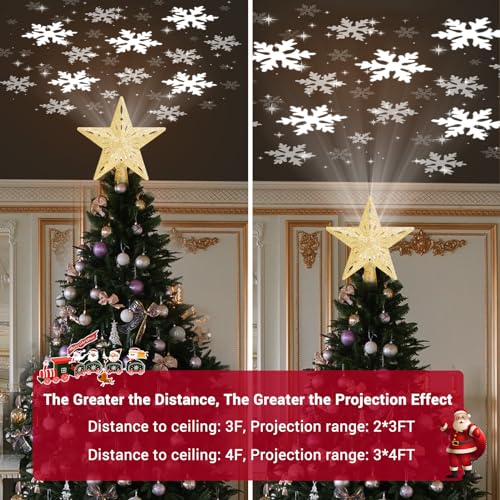 Winpull Christmas Tree Topper Lighted with 6 Pattern Projection Modes, Christmas Star Tree Topper Built-in LED Rotating Lights, Gold 3D Glitter Dynamic Projector for Christmas Decorations