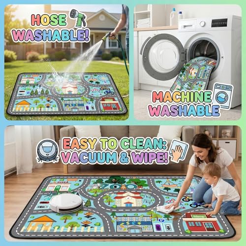 Car Rug Play Mat - Road Rug for Kids Boys Room, Fun Race Track Traffic Road Carpet for Boys Playmat Educational Learn, Car Carpet for Kids Room Decor Playmat Bedroom Playroom, 2.5x4 Feet