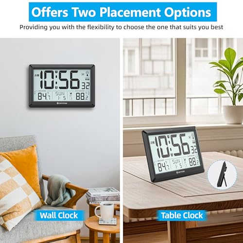 Atomic Clock Wall with Indoor/Outdoor Temp, Battery Operated Digital Wall Clock with 10.5" Large LCD Display, 330ft Range Desk Table Clock with Alarm, DST, Calendar for Living Room Bedrooms, Black