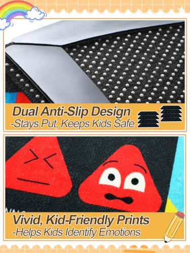 36''x60'' Calm Down Corner Supplies Classroom Rug - Non-Slip Backing with 8 Grippers, Feelings Chart Kids Reading Rug for Preschool Nursery Back to School Classroom Decor, Raibow & Black