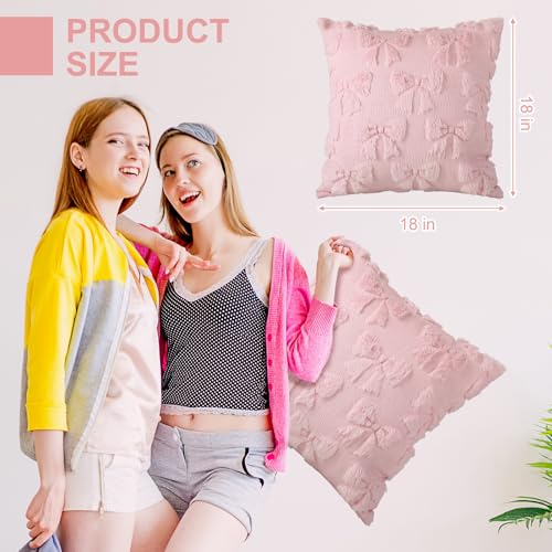Mixweer Pink Bow Pillow Covers Set of 2 Preppy Room Decor Coquette Cute Spring Summer Decorative Faux Fur Soft Bowknot Stuff Fluffy Plush Aesthetic Pillowcase for Bed Sofa Couch (18 x 18 Inch)