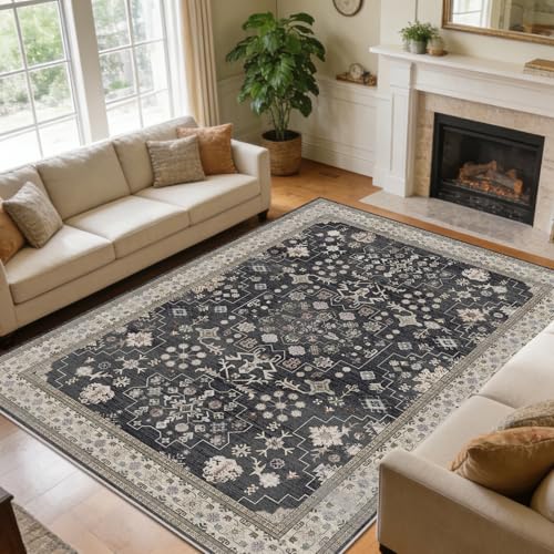 9x12 Washable Area Rugs for Living Room (Charcoal Blush Ivory)