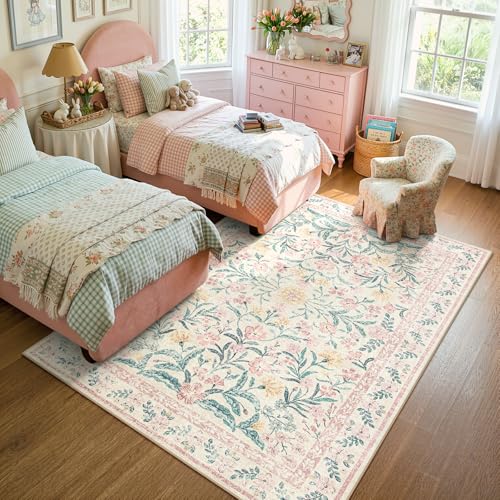 Lahome Sylvie Pink Bedroom Rug for Girls Room Decor, 5x7 Washable Cute Playroom Nursery Rug, Soft Floral Low Pile Carpet for Kids Living Dining Room Indoor, Pink/Multi