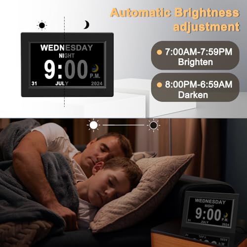 CAZOKASI 8inch Extra Large Impaired Vision Digital Alarm Clock with Day and Time for Elderly Calendar Clock No Battery Plug-in Power Outage Memory DST Auto Dimmable Clock