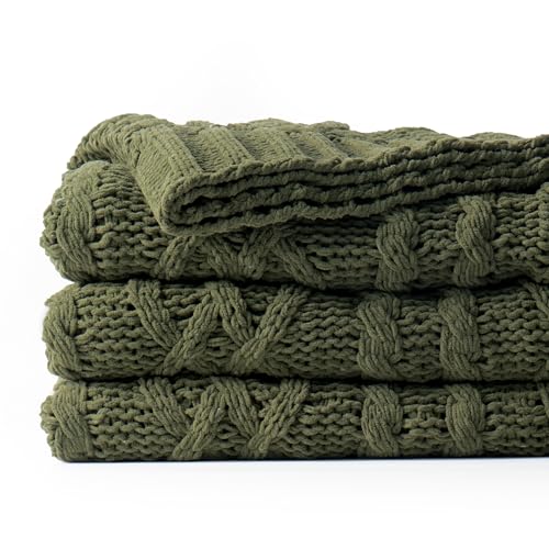 Battilo Olive Green Throw Blanket for Couch, Chunky Cable Knit Blanket, Woven Soft Cozy Chenille Throw Blanket for Bed, Sofa, Chair, Living Room, 51"x67"