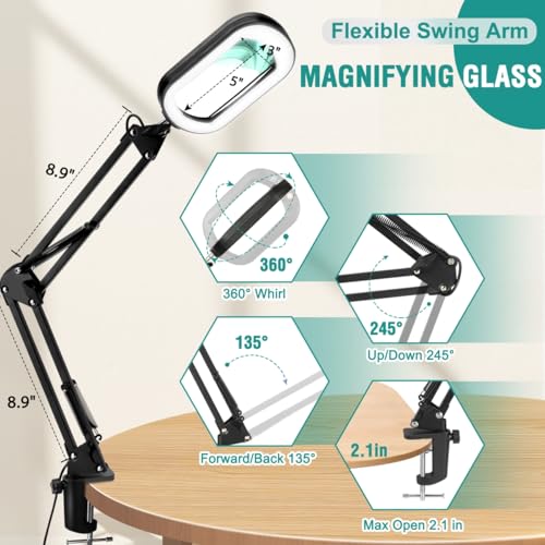 12X Magnifying Glass with Light, Rectangle Real Glass, 5 Color Modes Stepless Dimmable Magnifier with Stand, LED Lighted Clamp Desk Lamp with Swing Arm, Hands Free for Reading Crafts Close Work