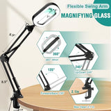 12X Magnifying Glass with Light, Rectangle Real Glass, 5 Color Modes Stepless Dimmable Magnifier with Stand, LED Lighted Clamp Desk Lamp with Swing Arm, Hands Free for Reading Crafts Close Work