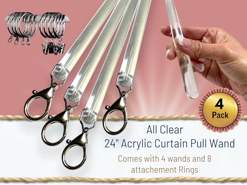 24 inch (4 Pack) All Clear Acrylic Curtain Pull Wand - Clear Curtain Wand - Invisible Drapery Wand - Drapery Pull Rod (24 Inch)