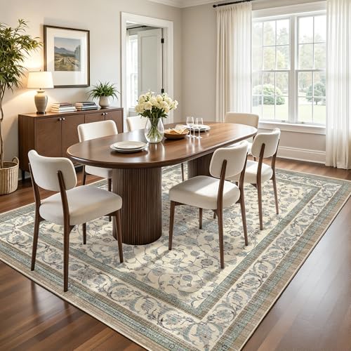 5x7 Washable Area Rug, Non Slip Living Room Rugs Distressed Boho Floral Rug, Soft Low Pile Indoor Carpet for Bedroom, Dining Room, Home Office, Cream Blue