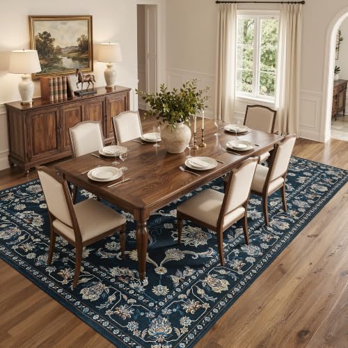 jinchan 8x10 Traditional Floral Area Rug, Large Washable Rug, Midnight Blue