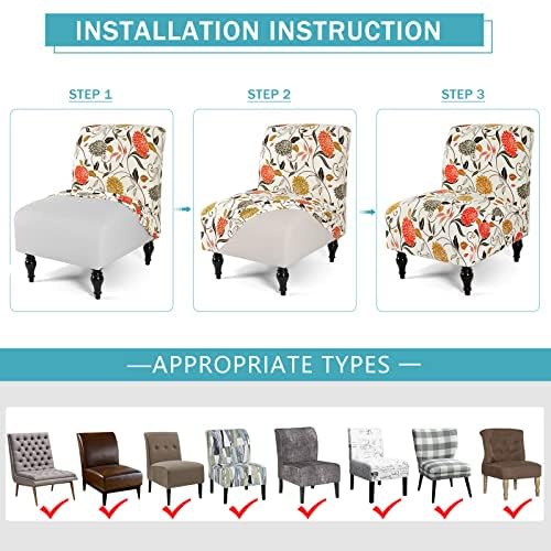 Iauddy Armless Accent Slipper Chair Cover Slipcover,Stretch Spandex Printed Removable Non-Slip Silp Cover for Accent Chair Without Arms Furniture Protector for Living Dining Room(Beige/Orange, 1)