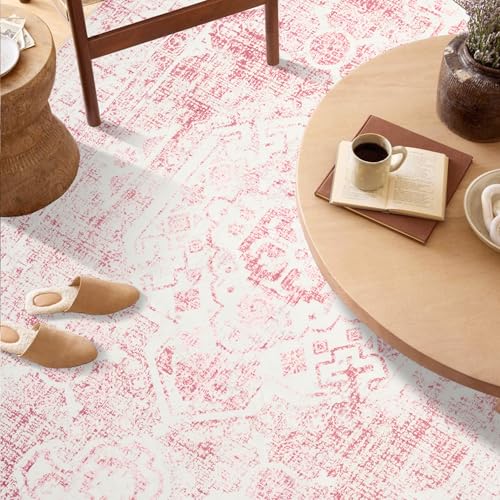 Sofrug 5x7 Washable Pink Area Rug, Upgraded Denser Surface Vintage Rugs, Honeycomb Non-Slip Backing Living Room Rug, Easy Care Foldable Rugs for Living Room Bedroom Kitchen Dinning Room Home Office