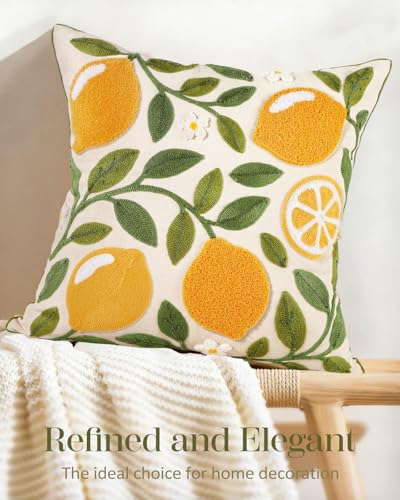 Embroidered Throw Pillow Cover, 18x18 Inch, Lemon Branch