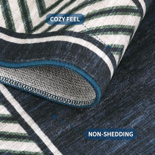 GarveeHome Washable Hallway Rug 2x6 Narrow Modern Bordered Floor Runner, Non-Shedding Contemporary Bedside Rug, Foldable Ultra-Thin Carpet Runner for Bedroom, Kitchen, Laundry Room, Navy Blue
