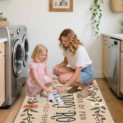 Laundry Room Rug 20"x47" – Low-Profile Boho Non-Slip Runner Rug with TPE Backing, Durable Washable Soft Laundry Mat, Comfortable Floor Mat for Laundry Room Organization, Fits Washer Front, Kitchen Mat