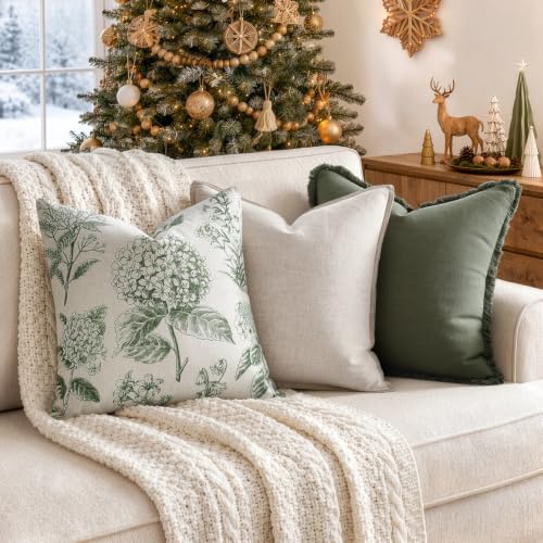 Set of 2 Decorative Floral Pillow Covers 22x22 Inch Dark Green