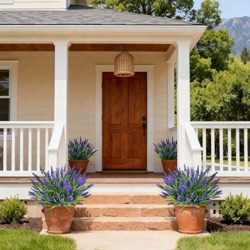 16 Bundles Artificial Plants Outdoor, UV Resistant Fake Lavender & Monkey Grass, Realistic Plastic Faux Plants for Balcony, Patio, Porch Greenery Decor, Planter Filler(Purple)