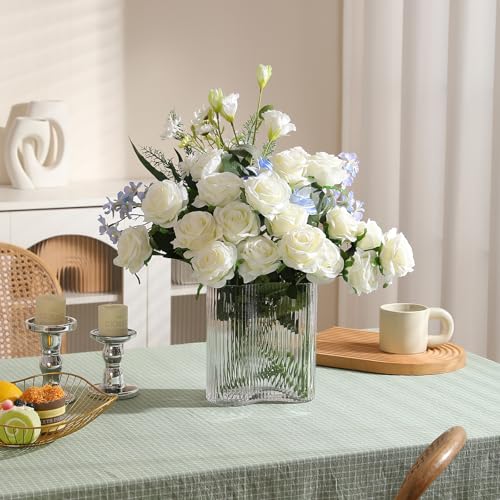Hawesome 12PCS Artificial Silk Flowers Realistic Roses Bouquet Long Stem for Home Wedding Decoration Party (White, 6 Flowers 6 Buds)