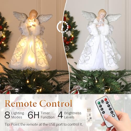 HMASYO Christmas Tree Topper Angel with Timer Lights, 12" Angel Tree Toppers with Silver Wings, Star Light, Remote Control and USB Power Xmas Treetop Decoration for Indoor Office Holiday Party