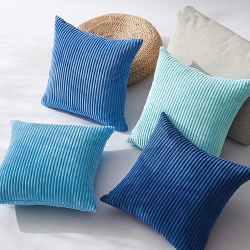 Topfinel Blue Throw Pillow Covers 18x18 Inch Set of 4,Soft Accent Corduroy Decorative Cushion Cover,Square Modern Pillow Case for Beach,Patio,Balcony,Living Room,Summer Gradient Shams Home Decor