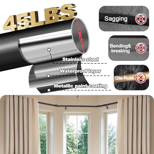 Bay Window Curtain Rods 1 Inch Rustproof Metal Corner Curtain Rod for Windows 59-184” Adjustable U Shape Rod - Foldable Corner Solution for Bay/Box/U Shaped Windows (Matte Black)