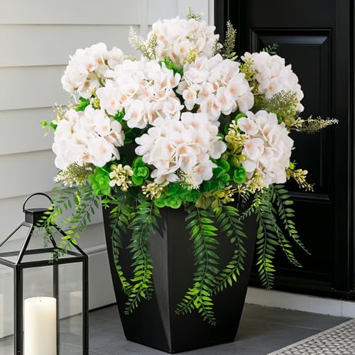 Ammyoo 8 Pcs Artificial Hydrangea Flowers Silk White Fake Flower with Eucalyptus for Outdoor Decorations UV Resistant Realistic Faux Plants for Garden Porch Window Box Indoor Table Decor