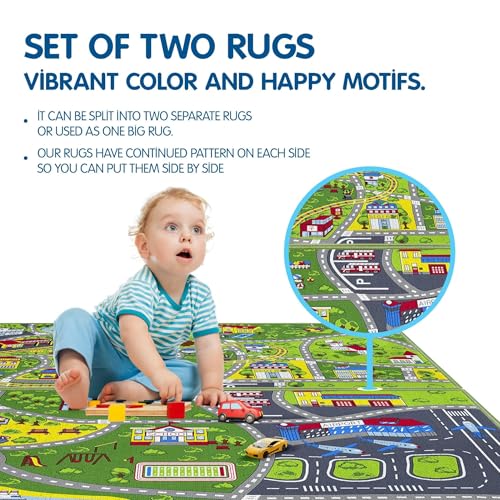 Booooom Jackson 2 Pack Car Rug,Non Slip Train Track Car Mat,Durable Road Play Area Kids Rug,Vibrant Kids Carpet for Playroom,Bedroom,Easy Store and Clean
