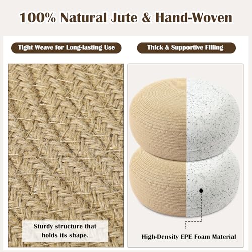 Briwooody 2 Pcs Handmade Round Jute Low Pouf Ottoman - Braided Floor Seating Cushion, 16" x 16" x 8" Natural Fiber Foot Rest Stool, Boho Decor for Living Room, Bedroom, and Patio