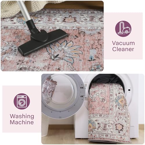 Machine Washable Rug 4x6 Boho Area Rug, Pink Rugs for Bedroom Girls Bedside Living Room Dining Room Office, Anti Slip Low-Pile Stain Resistant Printed Vintage Floral Carpet Rugs