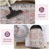 Machine Washable Rug 4x6 Boho Area Rug, Pink Rugs for Bedroom Girls Bedside Living Room Dining Room Office, Anti Slip Low-Pile Stain Resistant Printed Vintage Floral Carpet Rugs