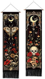 ARTCREATOR Pack of 2 Witchy Gothic Wall Bedroom Decor Moth Moon Tapestry Skull Mushroom Vertical Tapestries Retro Floral Flowers Tapestries for Bedroom Aesthetic Alt Room (12.8 x 51.2 inches)