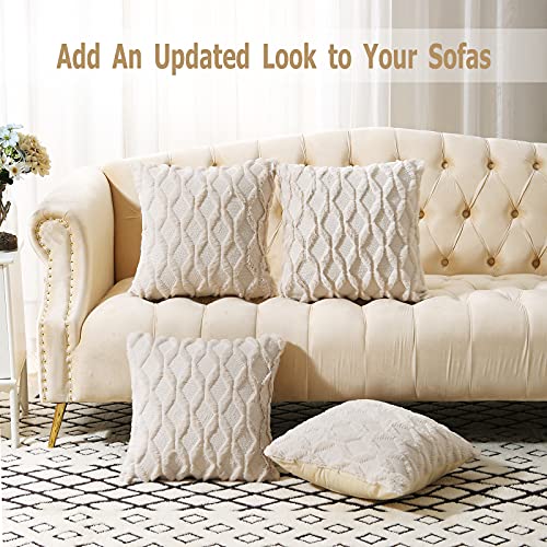 Volcanics Pack of 2 Christmas Faux Wool Throw Pillow Covers 20x20 Inches Decorative Farmhouse Velvet Couch Pillow Case Soft Plush Square Boho Cushion Pillowcase, Beige