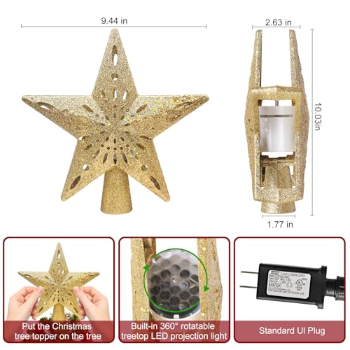 Wninbu Christmas Tree Topper Star Lighted with 6 Projection Modes,Christmas Star Tree Topper Projector Built-in LED Rotating Lights,3D Glitter Dynamic Projector Party Christmas Decorations (Gold)