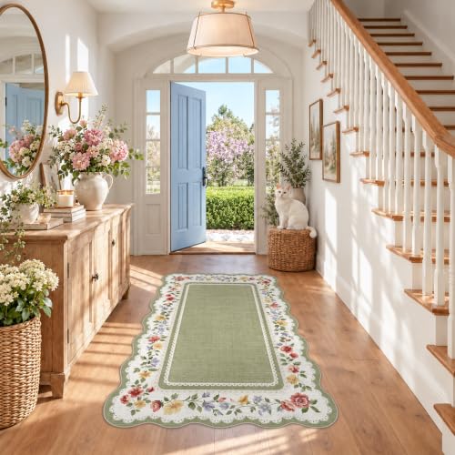 HY HAOYUNLAI Washable Scalloped 3x5 Entryway Area Rug Non-Slip Carpet Sage