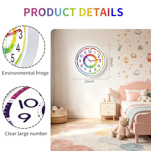 Kid's Wall Clock 12 Inch Silent Wall Clock for Kids Learning Time, Silent Non-Ticking Quartz Decorative Wall Clock for Teacher's Classrooms Or Children's Bedrooms