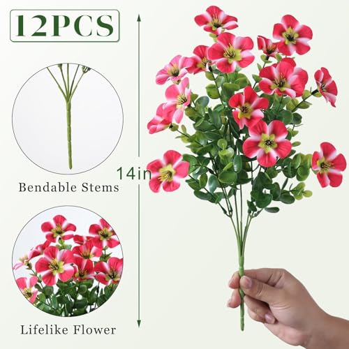 VIERENA 12 Bundles Artificial Flowers and Eucalyptus for Outside, Sun Resistant Silk Fake Morning Glory with Faux Eucalyptus Plants for Garden Porch Farmhouse Home Spring Summer Decor (Rose Red)